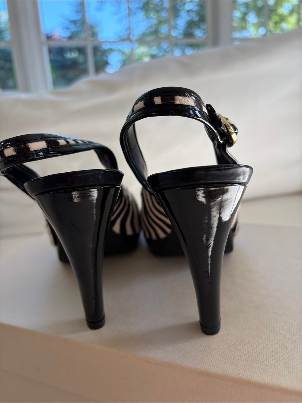 Anne Klein Black and White Zebra Print Slingback Wedges with Gold Accent - Picture 6 of 6